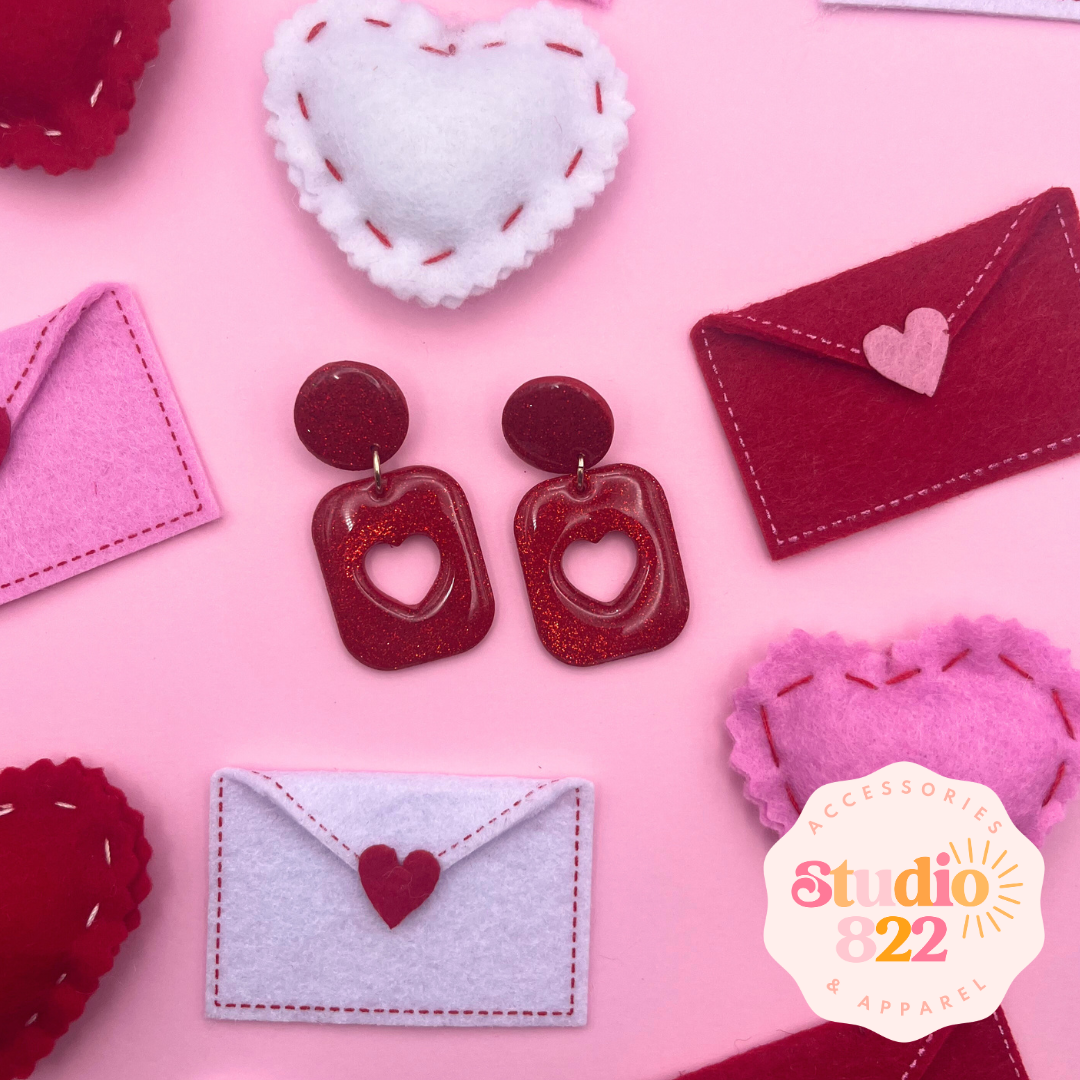 Glitter Heart Cutout Dangles- Red