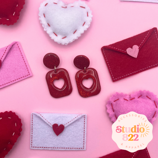 Glitter Heart Cutout Dangles- Red
