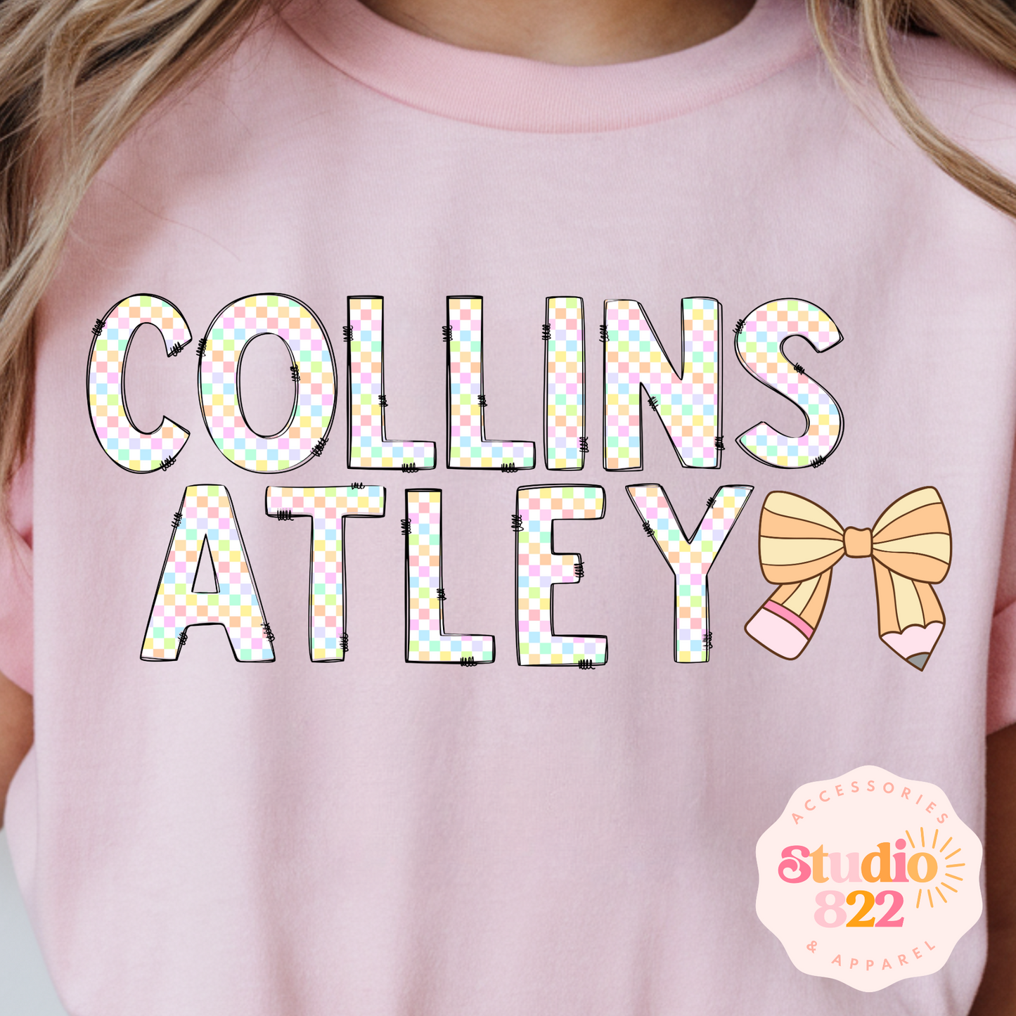 Checkered Name with Pencil Bow